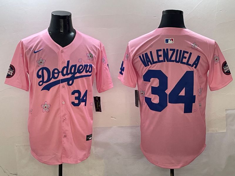 Men Los Angeles Dodgers #34 Valenzuela Pink Sakura Edition 2025 Nike MLB Jersey style 3